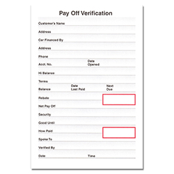 Pay Off Verification  - Qty 100 Per Pad