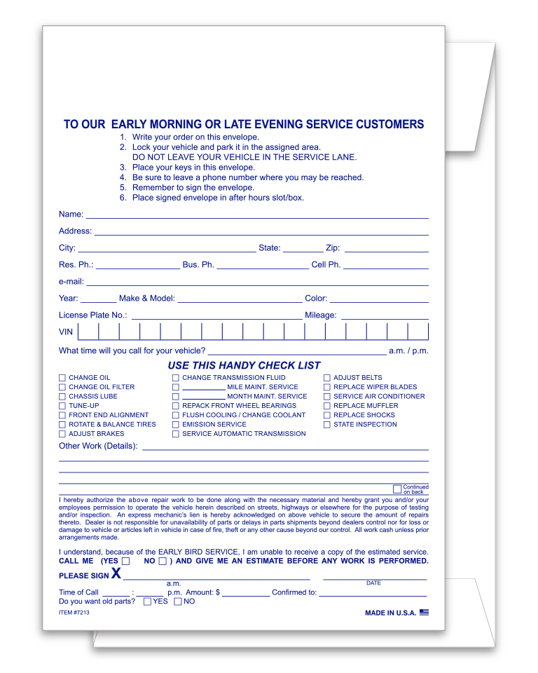 After Hours Envelope, Verbal Service Estimate & Parts Return  - Qty. 500