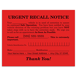 Urgent Recall Notice - RT-6 - 5.5" x 4.25" - Imprinted -  Qty. 1 each
