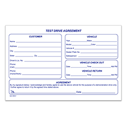 Test Drive Agreement Form - Qty. 100 Per Pad