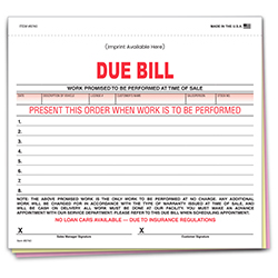Due Bill Form - 3 Part - IMPRINTED -Qty 1 each