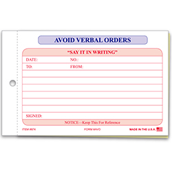 Avoid Verbal Orders Book - Generic, 2 Part - Qty. 1